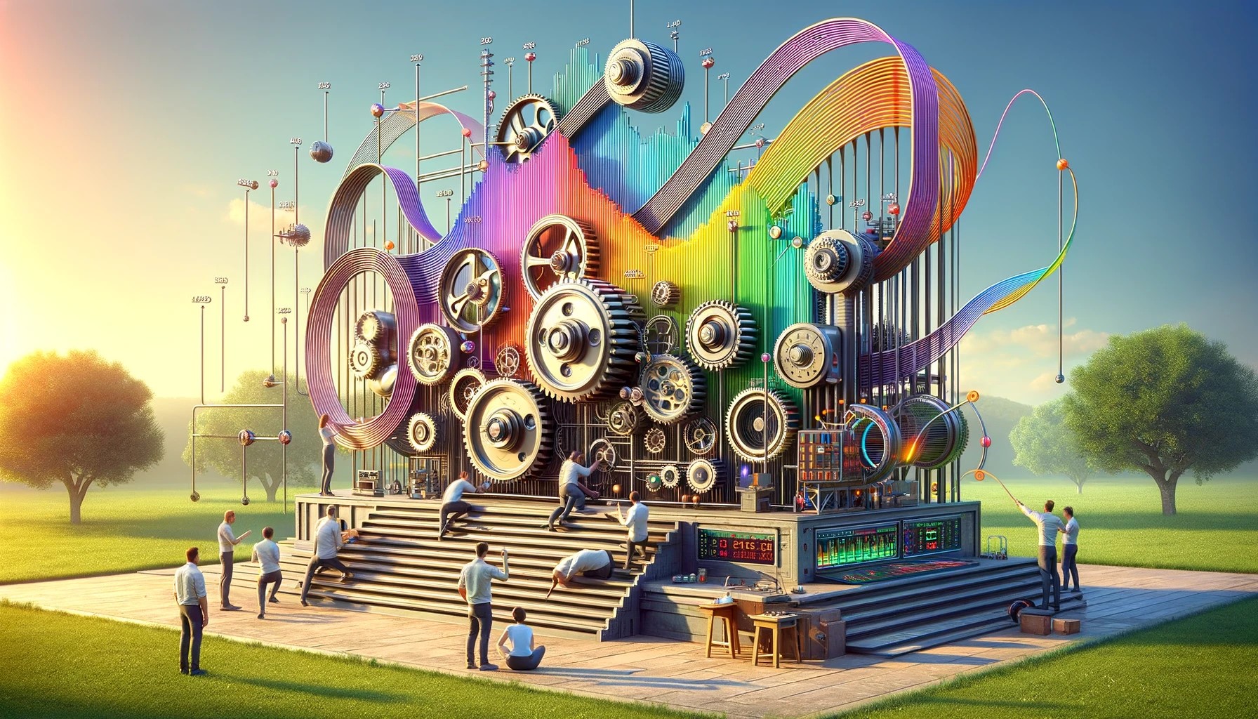 A vibrant outdoor scene under a clear, sunny sky, where a group of workers assemble a futuristic machine. The machine, situated in the center, features a complex design with gears and levers but no visible numbers or text. A colorful line chart representing an interest rate time series floats in the air, created by the machine. The chart consists of smooth, winding lines in various colors against a clear background. The workers are dressed in casual attire, and the landscape includes green grass and a few trees, contributing to the overall cheerful ambiance. Created with DALL-E 3.
