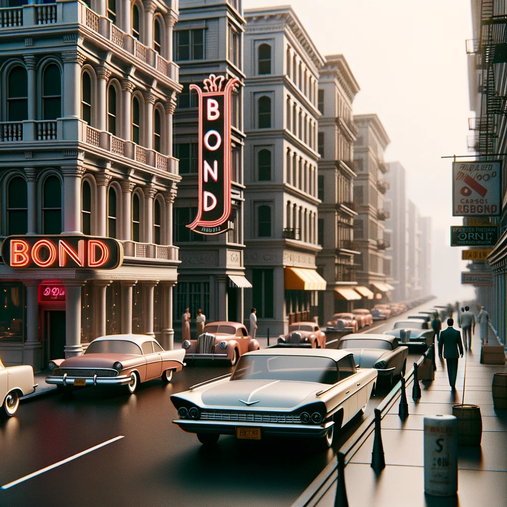 A 3D computer-rendered  image of a stylized bar with the name BOND on a street in the style of New York of the 1960s.