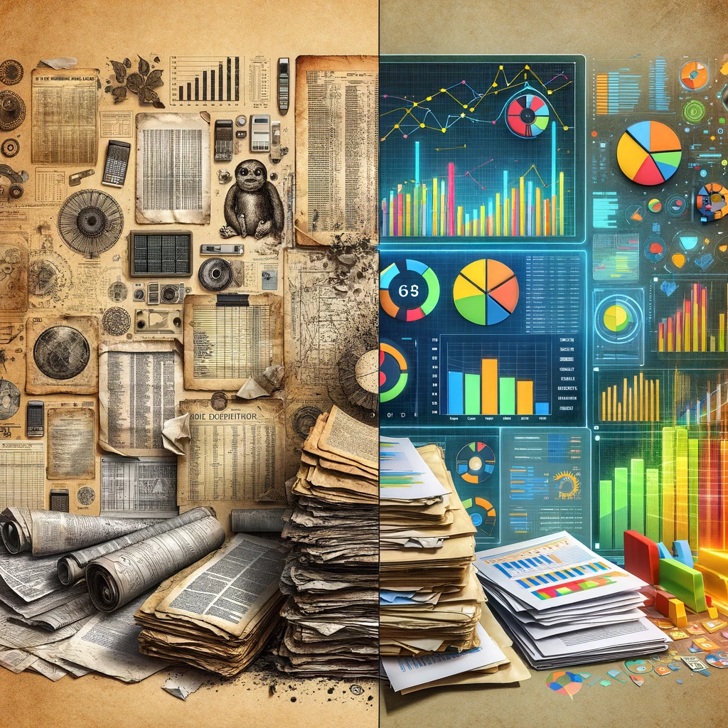 A split-screen illustration that shows old, worn-out, and faded financial papers, charts, and documents, characterized by a tattered appearance, yellowed by time, and cluttered arrangement, symbolizing traditional and outdated methods of financial management and analysis on the left side This contrast highlights the evolution of financial documentation towards more modern practices on the right side. Created with DALL-E.
