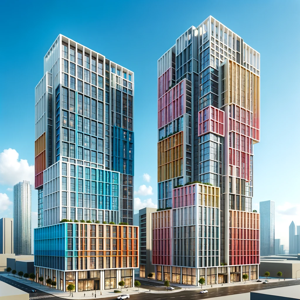 A 3D computer-rendered image of two stylized high rise office buildings, one small building and one large building, both buildings visible in the frame. Created with DALL-E 3.