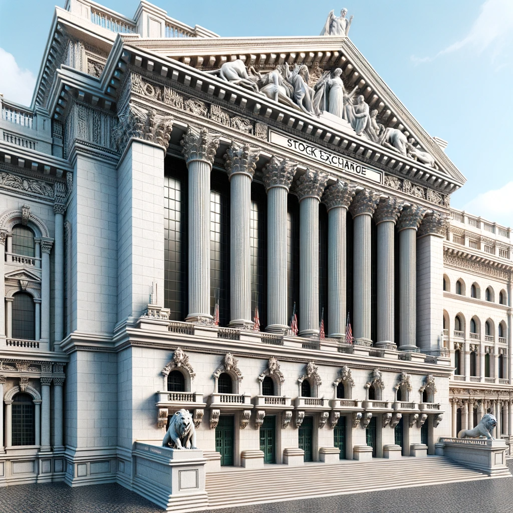 A 3D computer-rendered image of a historical stock exchange building. Created with DALL-E 3.