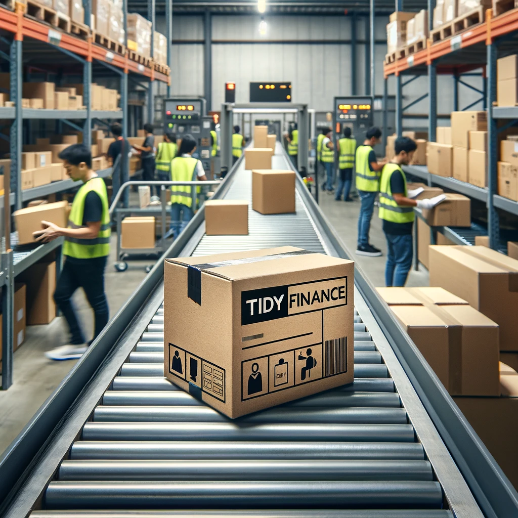 An image depicting a busy warehouse scene with a single cardboard box on a conveyor belt, labeled &#039;tidyfinance' and no other text or stickers. In the background, workers in safety vests are sorting and scanning other packages amidst shelves filled with various boxes and logistics equipment, under a well-lit, organized, and efficient atmosphere. Created with DALL-E 3.