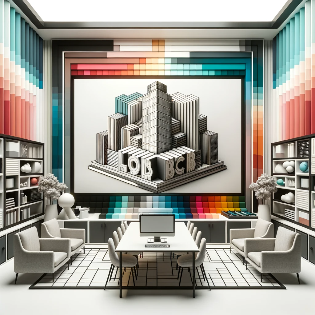 A 3D computer-rendered  image of a stylized company building on a screen in the middle of a room. Created with DALL-E 2.