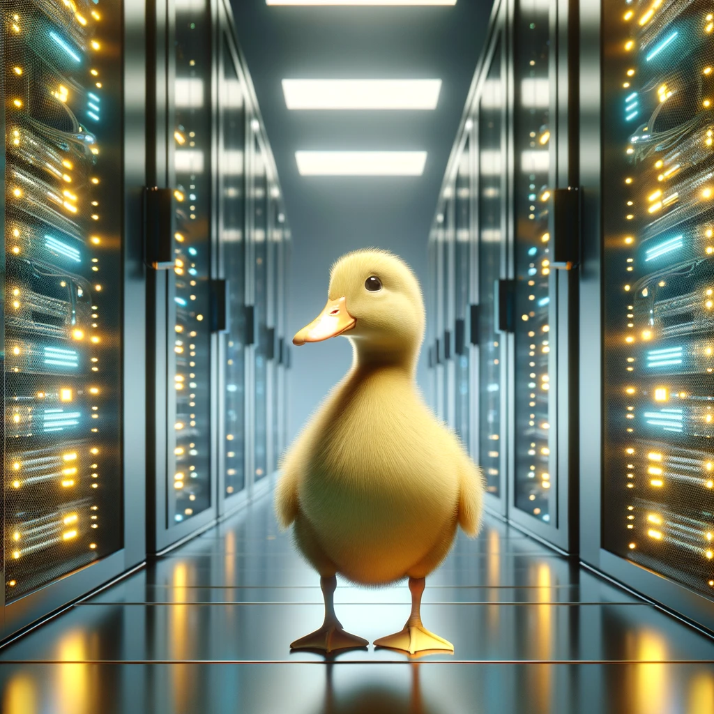 A realistic yellow duck standing in front of a large, futuristic database server. The server is tall, with glowing lights and complex wiring, symbolizing advanced technology. The setting is a high-tech data center, with rows of similar servers in the background. The duck is curiously looking at the server, creating a humorous contrast between nature and technology. The lighting is bright, highlighting the duck and the intricate details of the database server. Created with DALL-E 3.